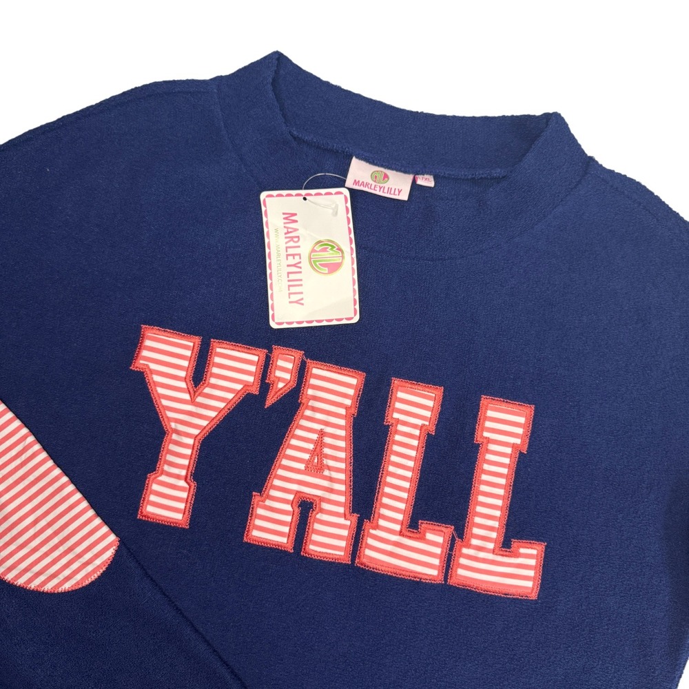 NEW Marley Lilly Y'ALL Terry Sweatshirt Long Sleeve Patchwork Pullover Sz L/XL - Picture 1 of 13